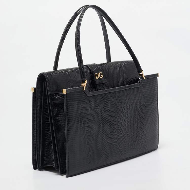 Pre Owned Dolce & Gabbana Black Lizard Embossed Leather Ingrid Tote