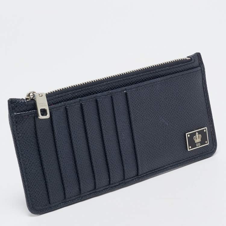 Pre Owned Dolce & Gabbana Navy Blue Leather Vertical Zip Card Case