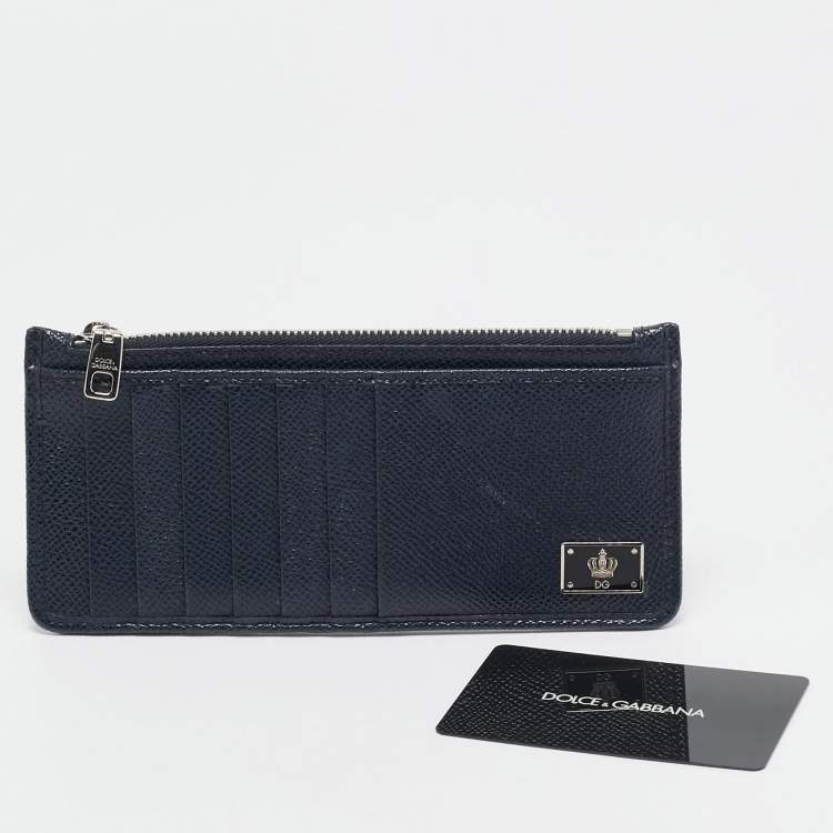 Pre Owned Dolce & Gabbana Navy Blue Leather Vertical Zip Card Case