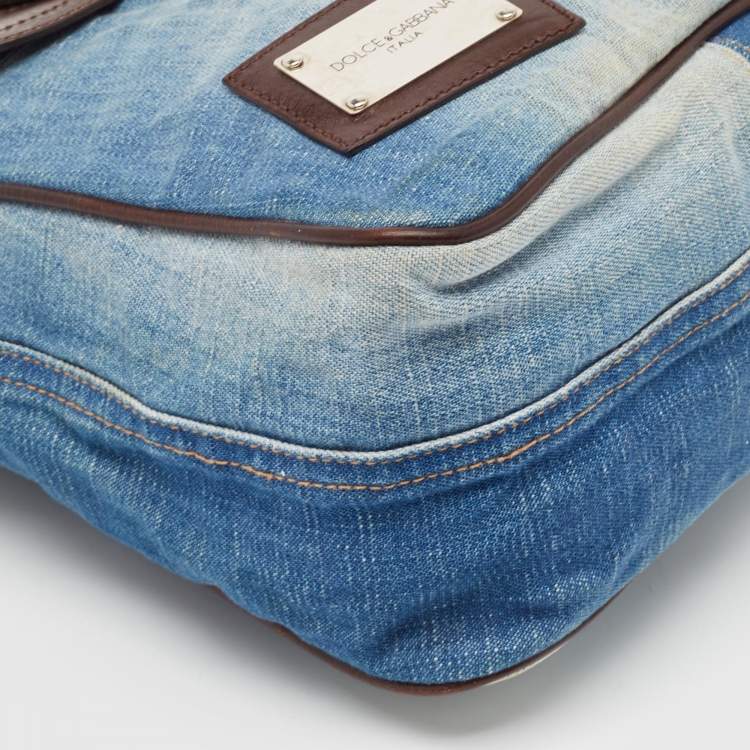 Pre Owned Dolce & Gabbana Blue Denim and Leather Flap Shoulder Bag