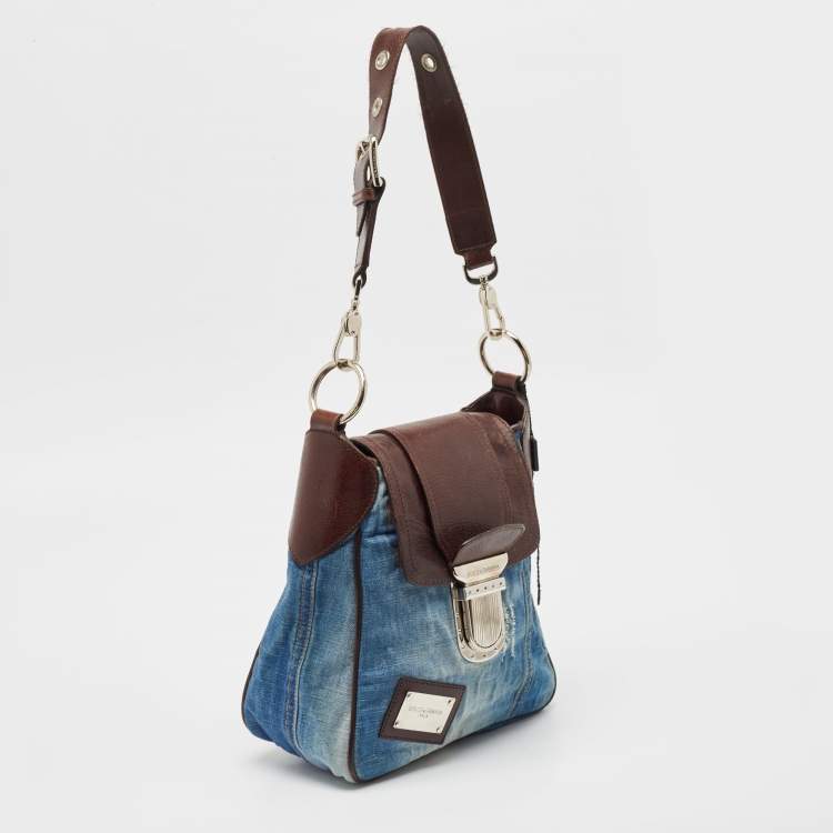 Pre Owned Dolce & Gabbana Blue Denim and Leather Flap Shoulder Bag