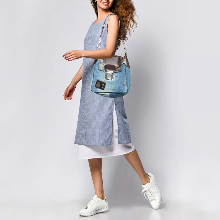 Pre Owned Dolce & Gabbana Blue Denim and Leather Flap Shoulder Bag