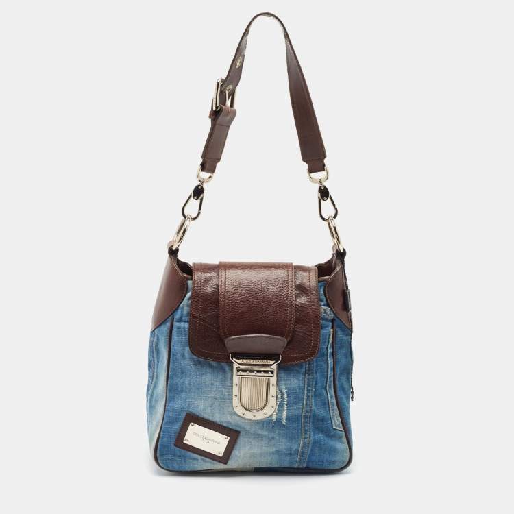 Pre Owned Dolce & Gabbana Blue Denim and Leather Flap Shoulder Bag