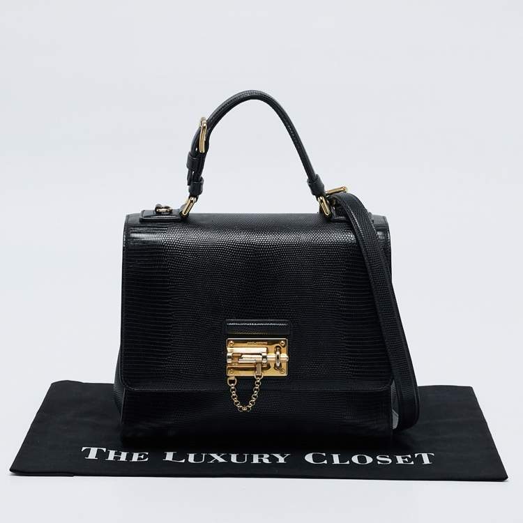 Pre Owned Dolce & Gabbana Black Lizard Embossed Leather Medium Miss Monica Top Handle Bag