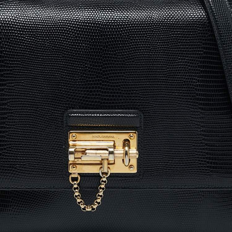Pre Owned Dolce & Gabbana Black Lizard Embossed Leather Medium Miss Monica Top Handle Bag