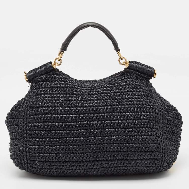 Pre Owned Dolce & Gabbana Black Crochet Straw and Leather Large Miss Sicily Top Handle Bag