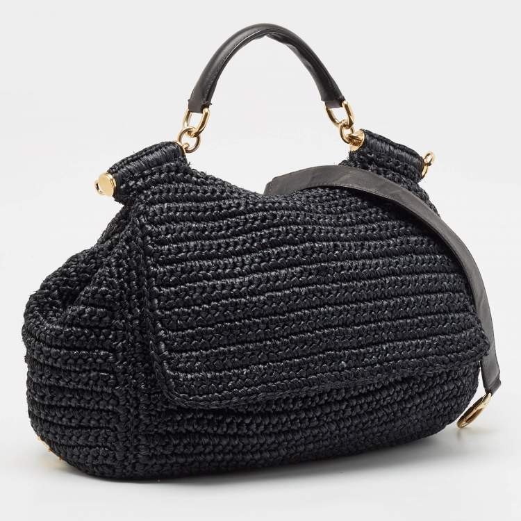 Pre Owned Dolce & Gabbana Black Crochet Straw and Leather Large Miss Sicily Top Handle Bag