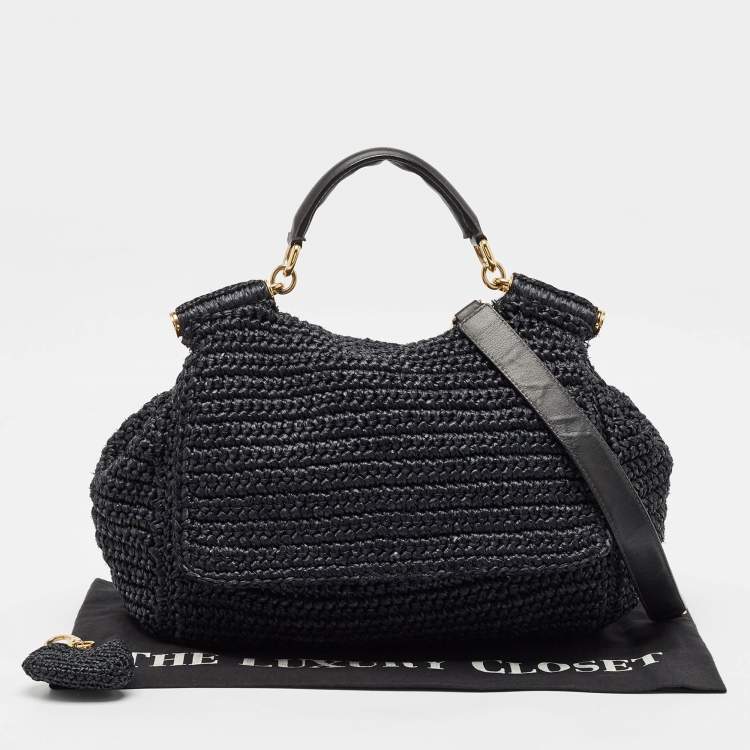 Pre Owned Dolce & Gabbana Black Crochet Straw and Leather Large Miss Sicily Top Handle Bag