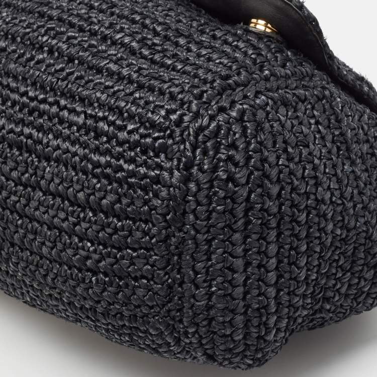 Pre Owned Dolce & Gabbana Black Crochet Straw and Leather Large Miss Sicily Top Handle Bag