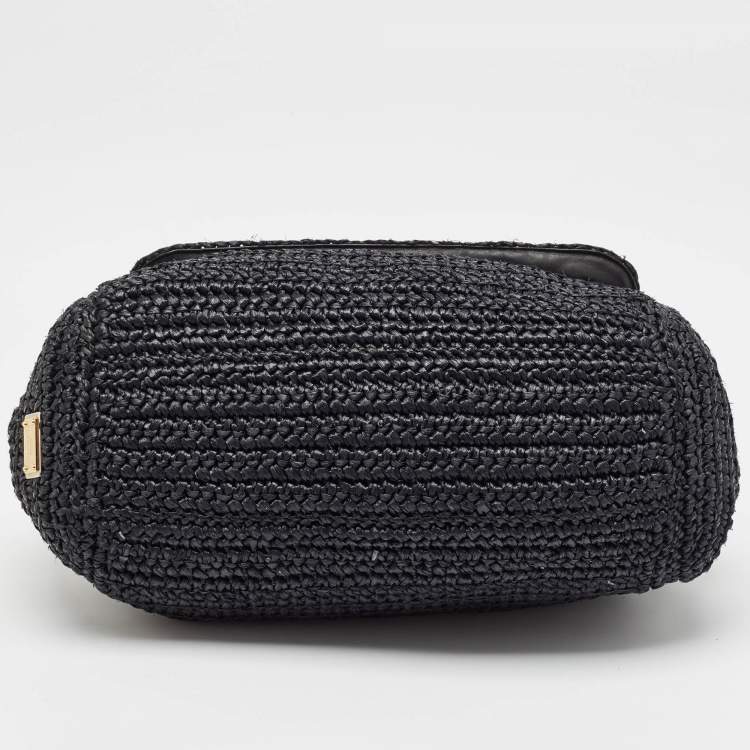 Pre Owned Dolce & Gabbana Black Crochet Straw and Leather Large Miss Sicily Top Handle Bag