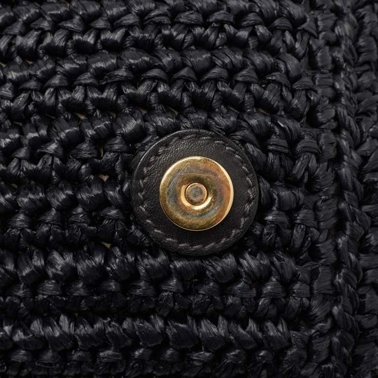 Pre Owned Dolce & Gabbana Black Crochet Straw and Leather Large Miss Sicily Top Handle Bag