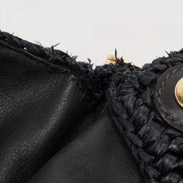Pre Owned Dolce & Gabbana Black Crochet Straw and Leather Large Miss Sicily Top Handle Bag