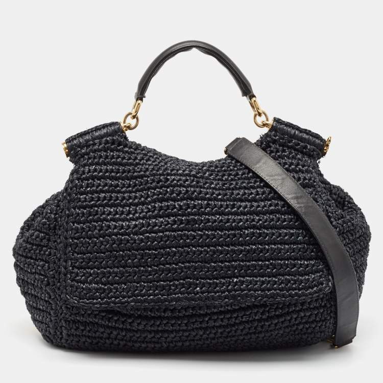 Pre Owned Dolce & Gabbana Black Crochet Straw and Leather Large Miss Sicily Top Handle Bag