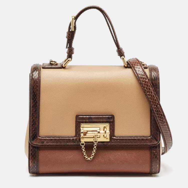 Pre Owned Dolce & Gabbana Brown/Beige Python and Leather Medium Miss Monica Top Handle Bag