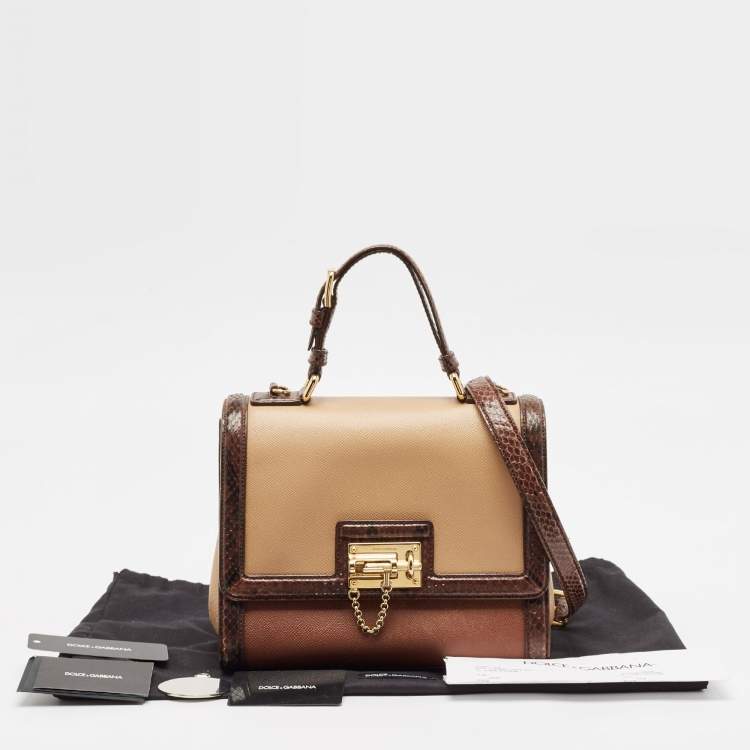 Pre Owned Dolce & Gabbana Brown/Beige Python and Leather Medium Miss Monica Top Handle Bag
