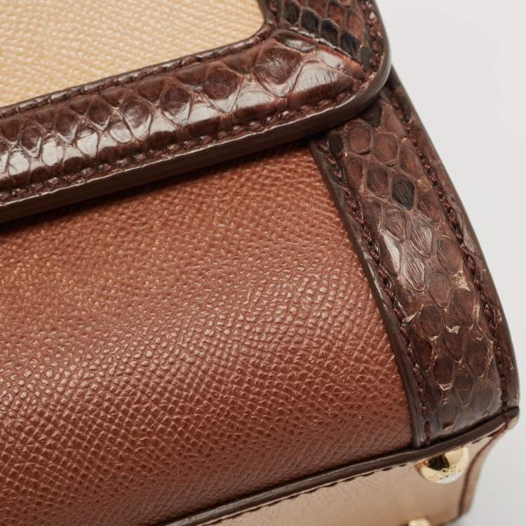 Pre Owned Dolce & Gabbana Brown/Beige Python and Leather Medium Miss Monica Top Handle Bag