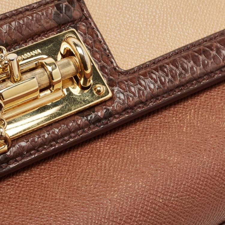 Pre Owned Dolce & Gabbana Brown/Beige Python and Leather Medium Miss Monica Top Handle Bag