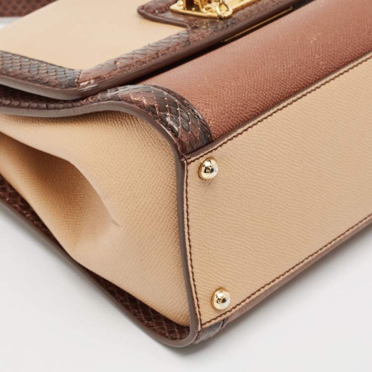 Pre Owned Dolce & Gabbana Brown/Beige Python and Leather Medium Miss Monica Top Handle Bag