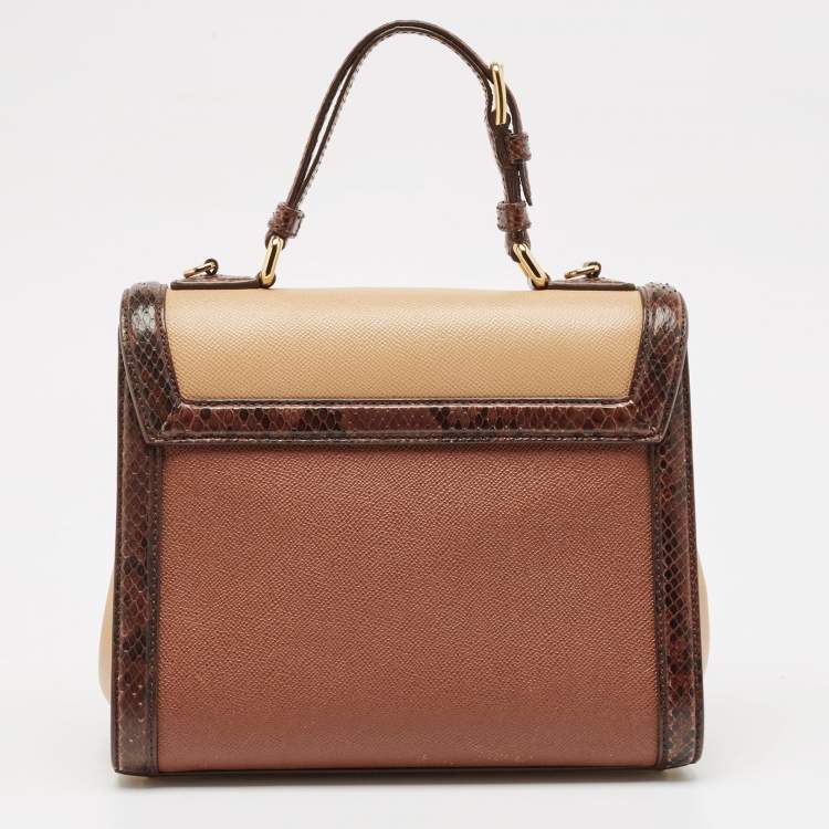 Pre Owned Dolce & Gabbana Brown/Beige Python and Leather Medium Miss Monica Top Handle Bag