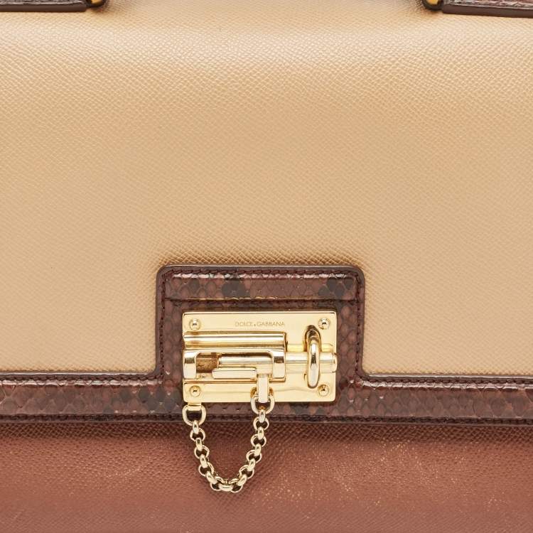 Pre Owned Dolce & Gabbana Brown/Beige Python and Leather Medium Miss Monica Top Handle Bag