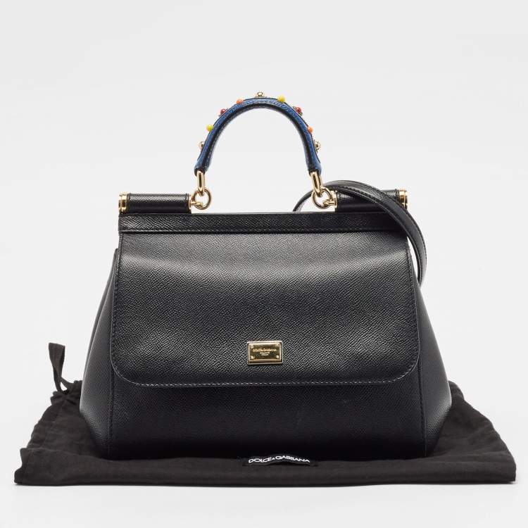 Pre Owned Dolce & Gabbana Black Leather Medium Studded Miss Sicily Top Handle Bag