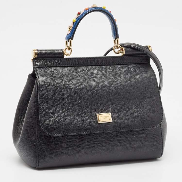 Pre Owned Dolce & Gabbana Black Leather Medium Studded Miss Sicily Top Handle Bag