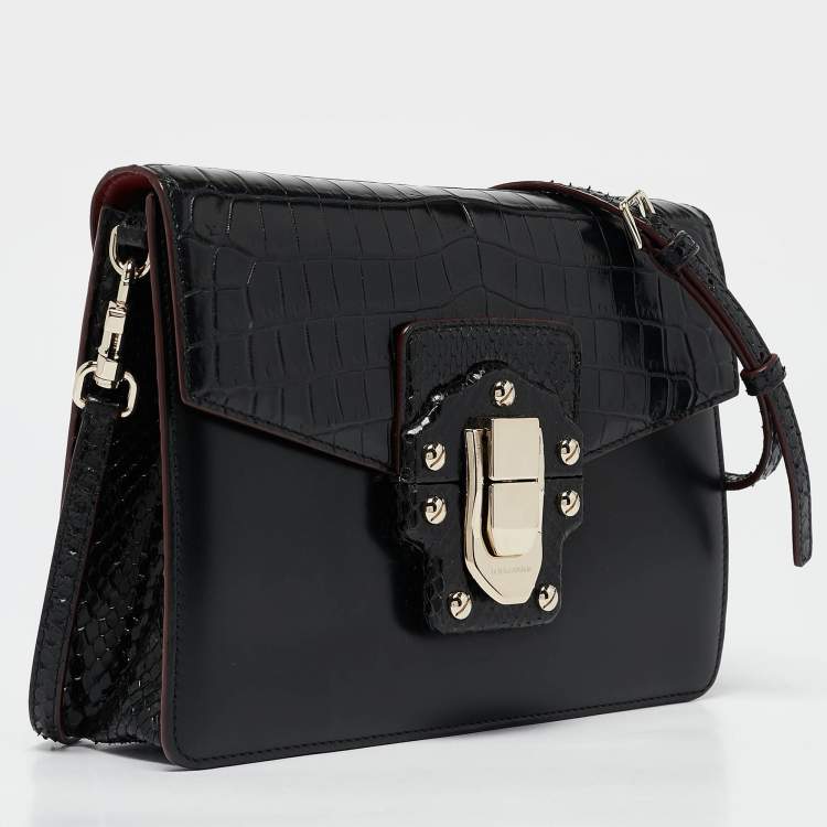 Pre Owned Dolce & Gabbana Black Crocodile Leather and Python Lucia Shoulder Bag