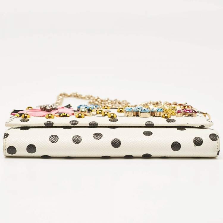 Pre Owned Dolce & Gabbana White/Black Polka Dot Print Leather Miss Sicily Von Embellished Wallet on Chain