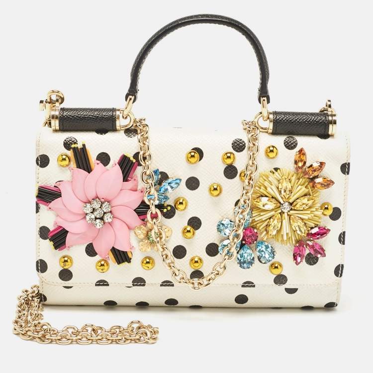 Pre Owned Dolce & Gabbana White/Black Polka Dot Print Leather Miss Sicily Von Embellished Wallet on Chain