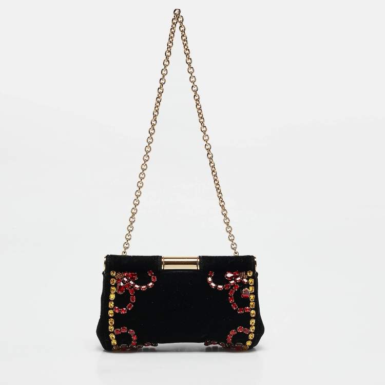 Pre Owned Dolce & Gabbana Black Velvet Crystals Embellished Frame Clutch Bag