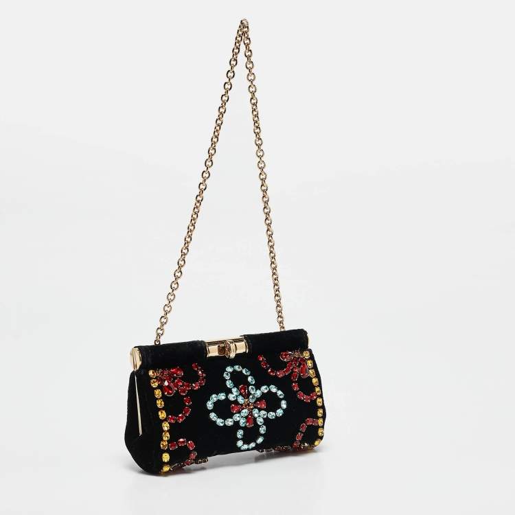 Pre Owned Dolce & Gabbana Black Velvet Crystals Embellished Frame Clutch Bag