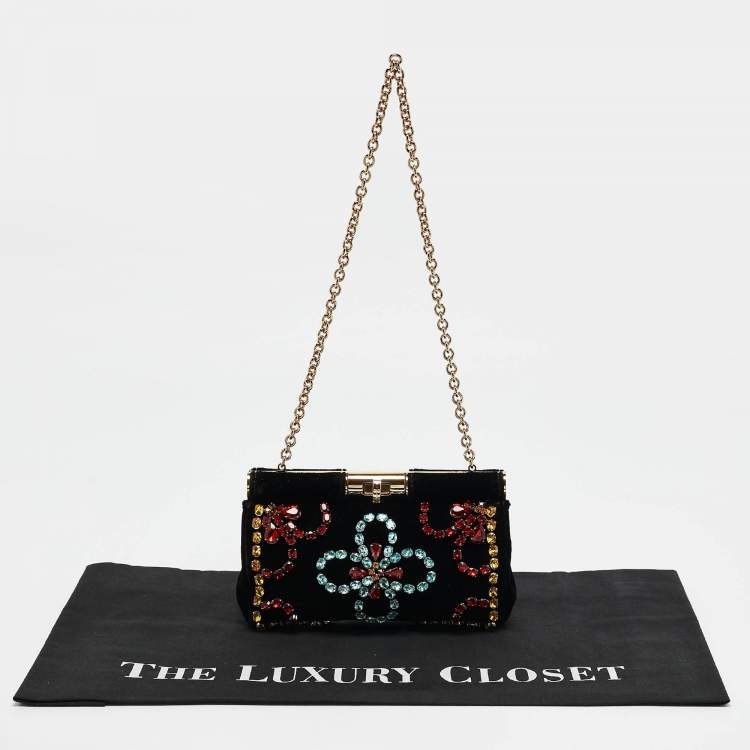 Pre Owned Dolce & Gabbana Black Velvet Crystals Embellished Frame Clutch Bag