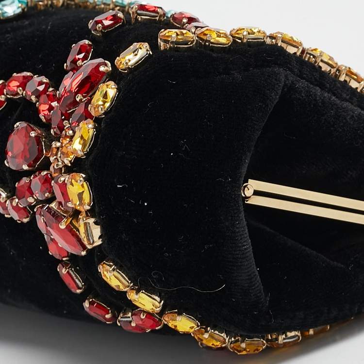 Pre Owned Dolce & Gabbana Black Velvet Crystals Embellished Frame Clutch Bag