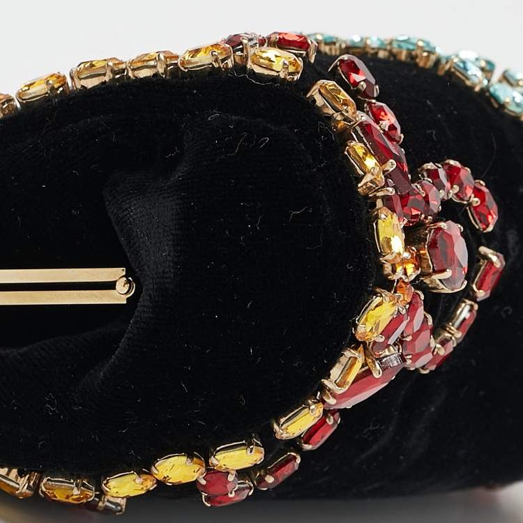 Pre Owned Dolce & Gabbana Black Velvet Crystals Embellished Frame Clutch Bag