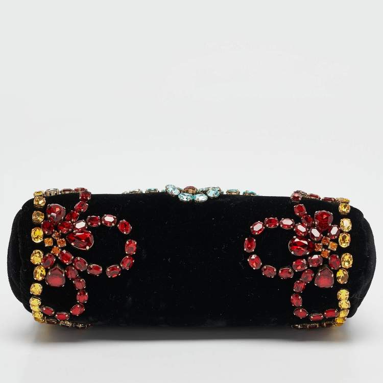 Pre Owned Dolce & Gabbana Black Velvet Crystals Embellished Frame Clutch Bag