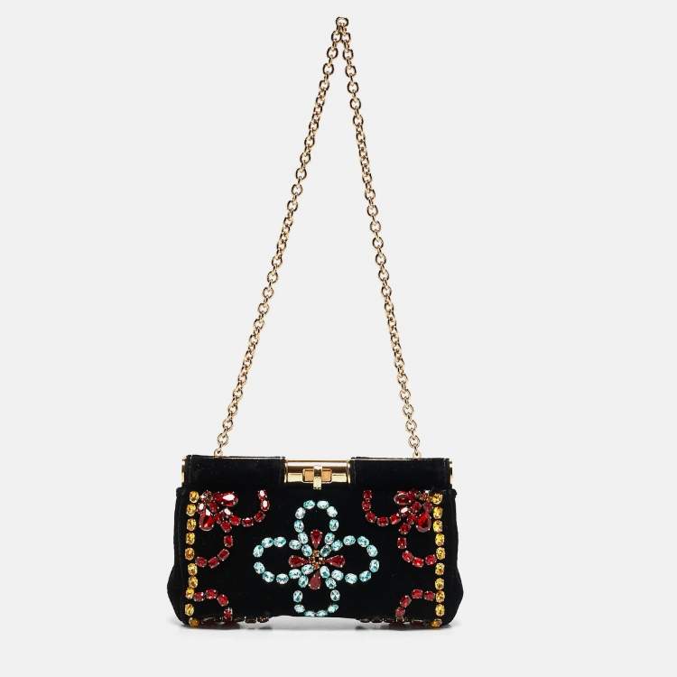 Pre Owned Dolce & Gabbana Black Velvet Crystals Embellished Frame Clutch Bag