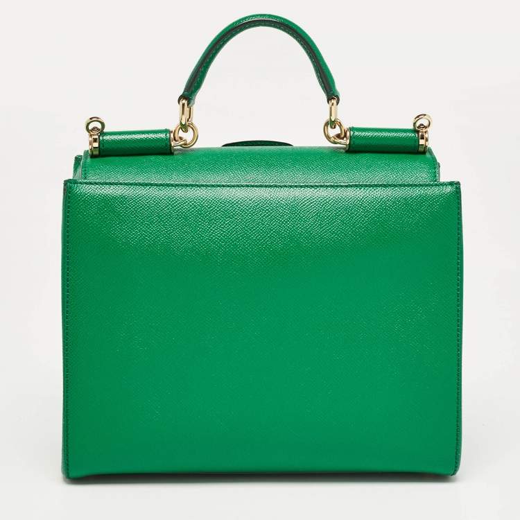 Pre Owned Dolce & Gabbana Green Leather Twist Lock Flap Top Handle Bag