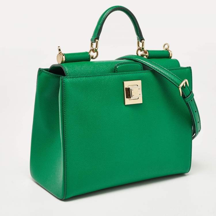 Pre Owned Dolce & Gabbana Green Leather Twist Lock Flap Top Handle Bag
