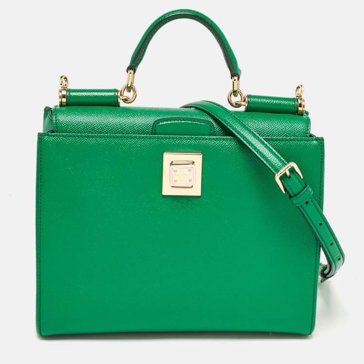 Pre Owned Dolce & Gabbana Green Leather Twist Lock Flap Top Handle Bag