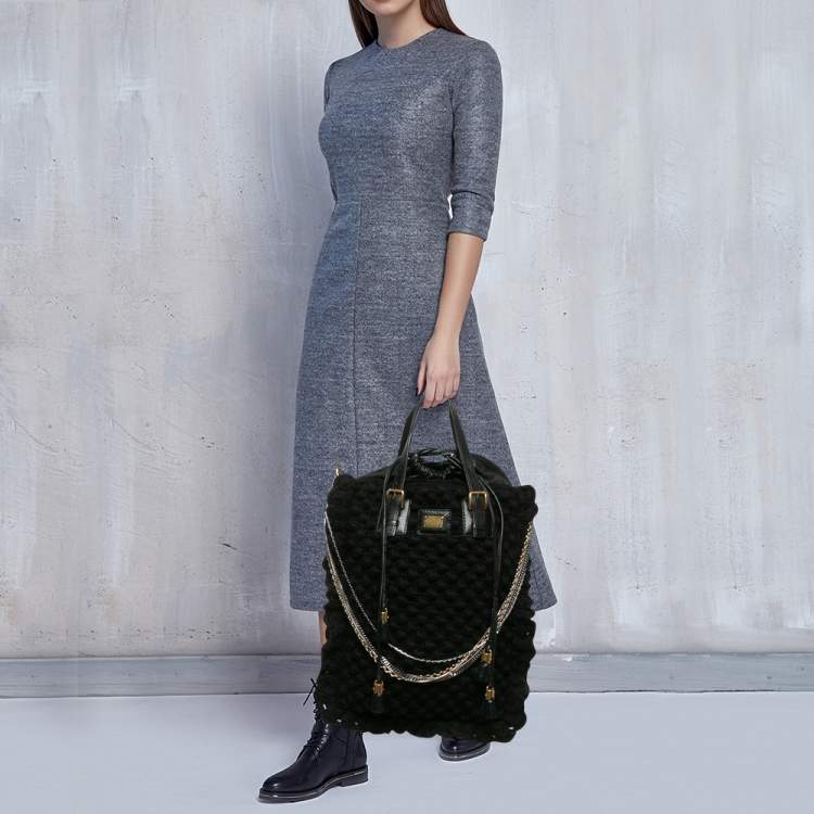 Pre Owned Dolce & Gabbana Black Crochet Fabric and Leather Drawstring Tote