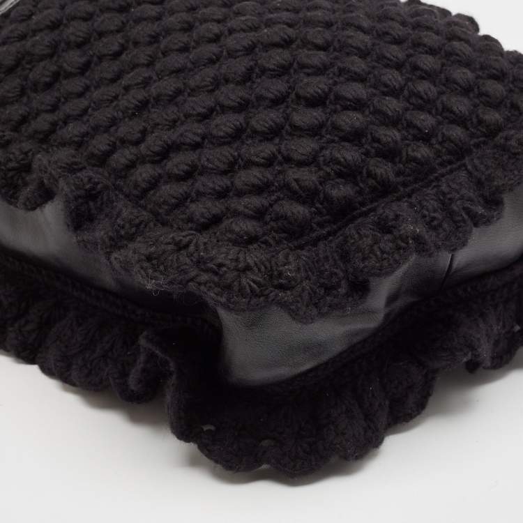 Pre Owned Dolce & Gabbana Black Crochet Fabric and Leather Drawstring Tote