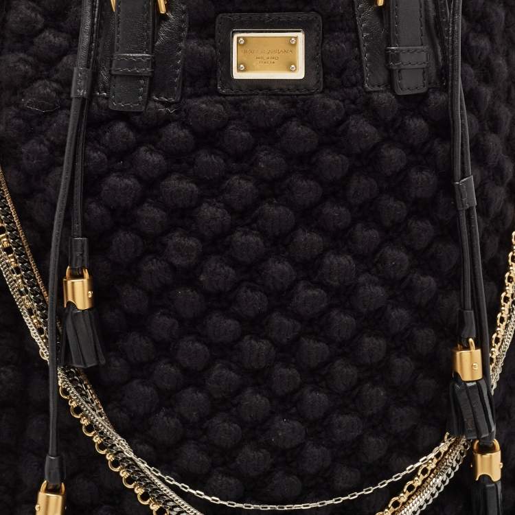Pre Owned Dolce & Gabbana Black Crochet Fabric and Leather Drawstring Tote