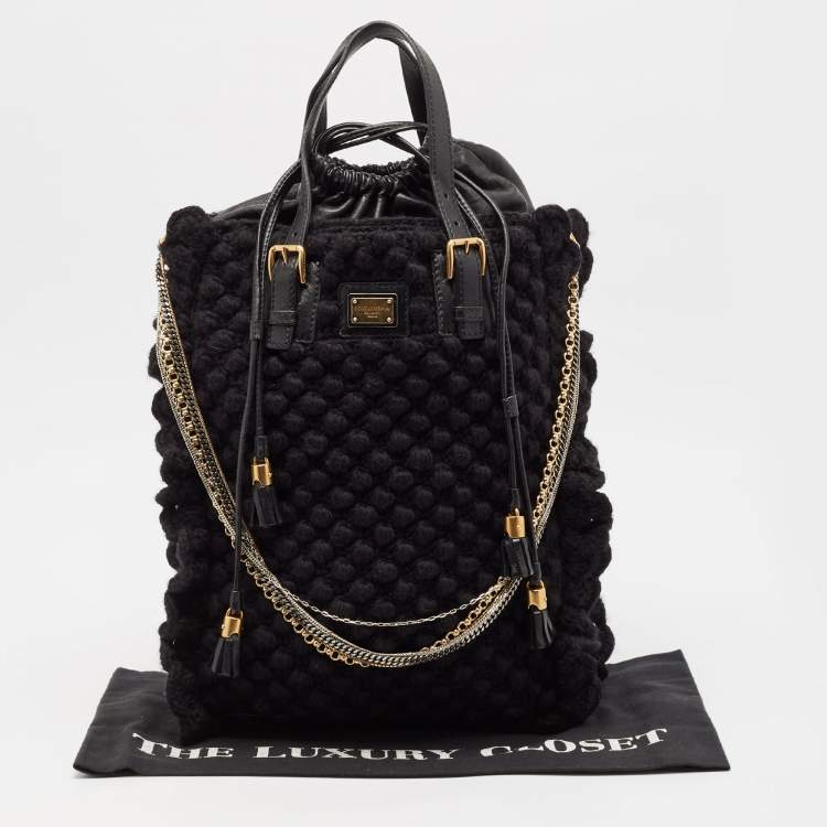 Pre Owned Dolce & Gabbana Black Crochet Fabric and Leather Drawstring Tote