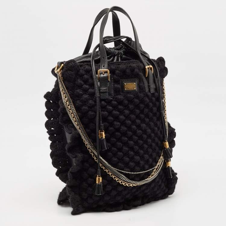Pre Owned Dolce & Gabbana Black Crochet Fabric and Leather Drawstring Tote