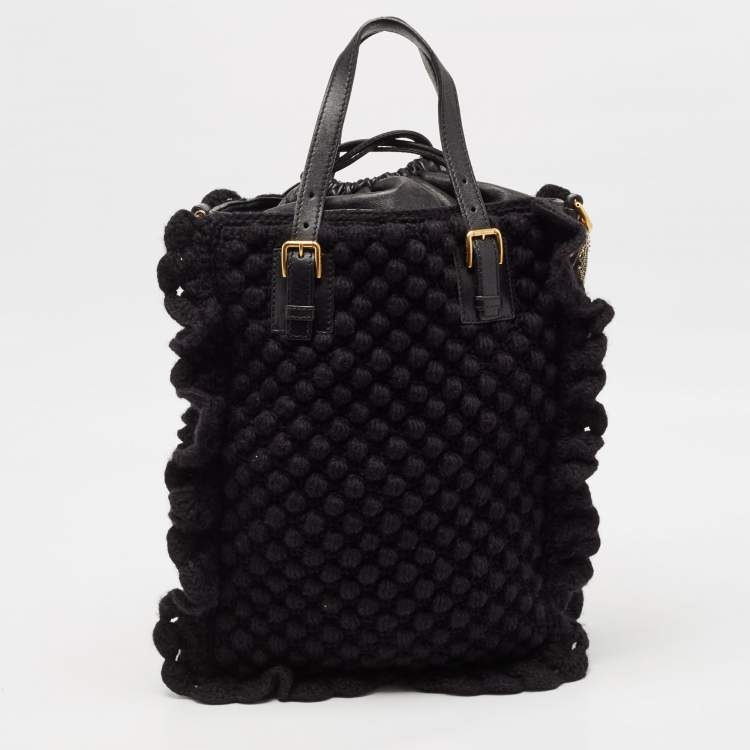Pre Owned Dolce & Gabbana Black Crochet Fabric and Leather Drawstring Tote