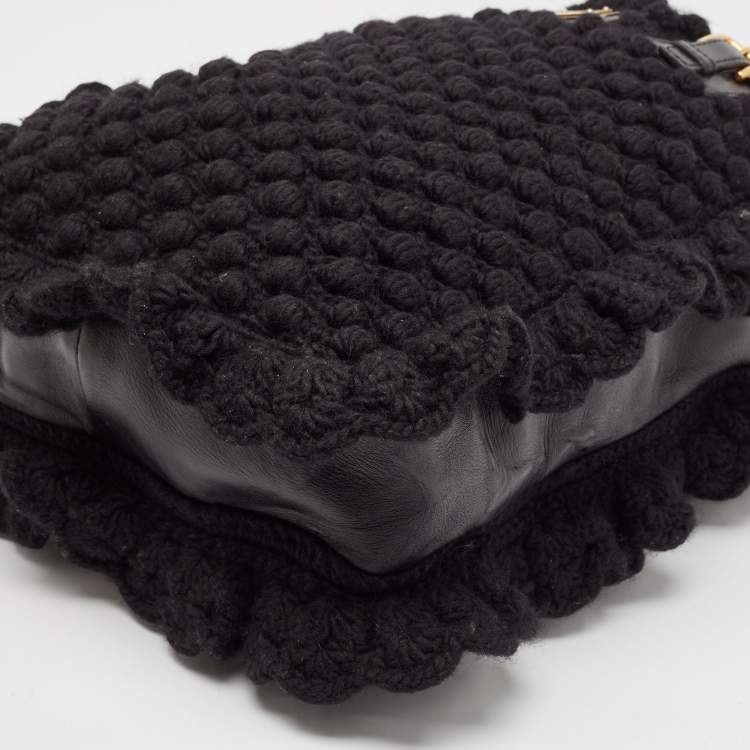Pre Owned Dolce & Gabbana Black Crochet Fabric and Leather Drawstring Tote