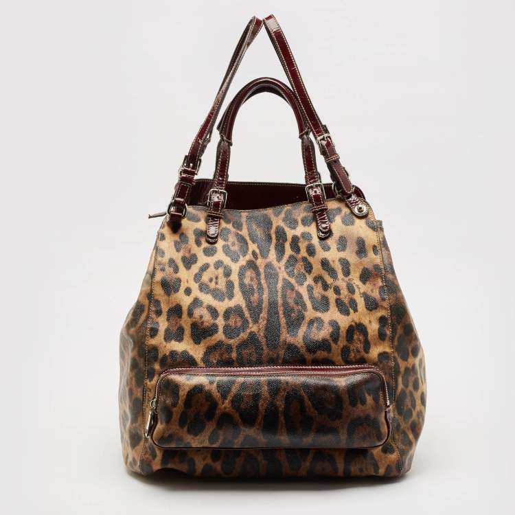 Pre Owned Dolce & Gabbana Burgundy Leopard Print Coated Canvas Miss Pocket Tote