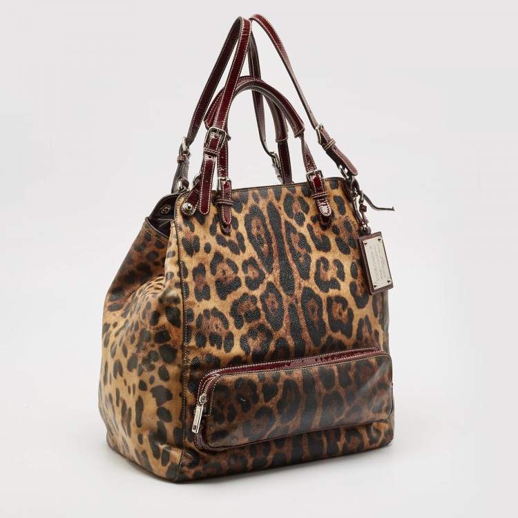 Pre Owned Dolce & Gabbana Burgundy Leopard Print Coated Canvas Miss Pocket Tote