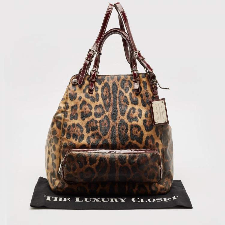 Pre Owned Dolce & Gabbana Burgundy Leopard Print Coated Canvas Miss Pocket Tote