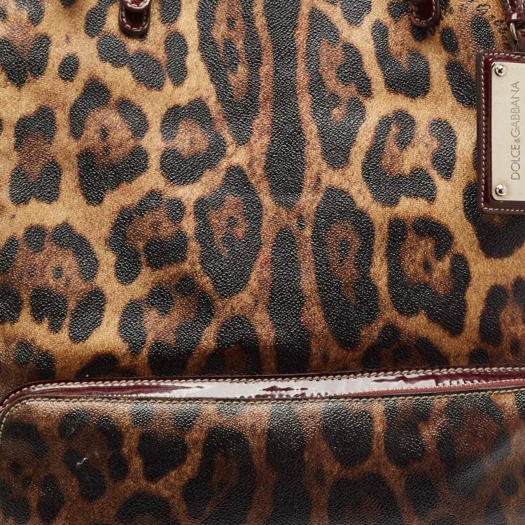 Pre Owned Dolce & Gabbana Burgundy Leopard Print Coated Canvas Miss Pocket Tote